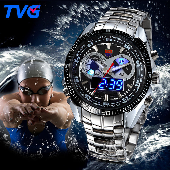 TVG  Men's Stainless Steel Black Digital Waterproof Sports